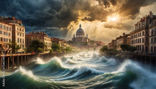 Flooding city with turbulent waters from a tsunami Final Biblical Events of Revelation book 