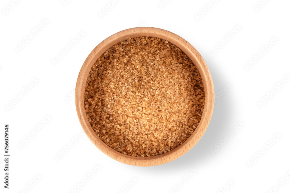 Brown sugar in wooden bowl isolate on white background. Top view Brown sugar in wooden bowl isolate on white background. Top view