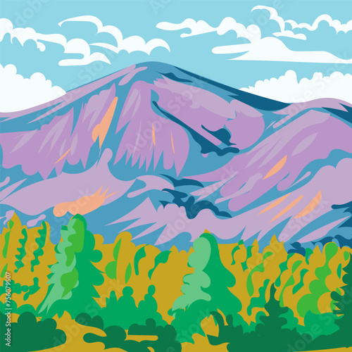 WPA poster art of a mountain range with trees in the foreground done in works project administration or federal art project style.