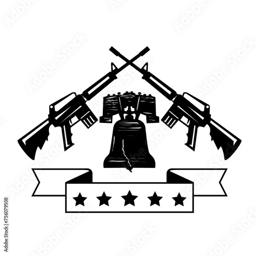 Retro style illustration of a crossed AR15 assault rifle with the Liberty Bell or Old State House Bell and ribbon scroll with 5 stars on isolated background done in black and white.
