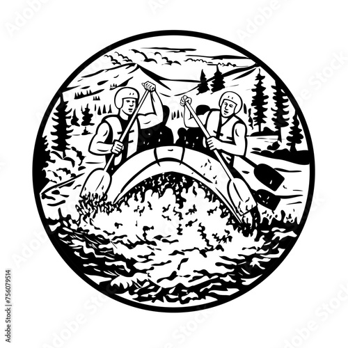 Retro style illustration of whitewater rafting along the Colorado river in Estes Park, Rocky Mountain National Park, United States set inside circle on isolated background done in black and white.