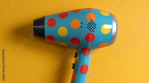 A travelsized hair dryer with a colorful polka dot pattern and a dual voltage switch for international use. photo