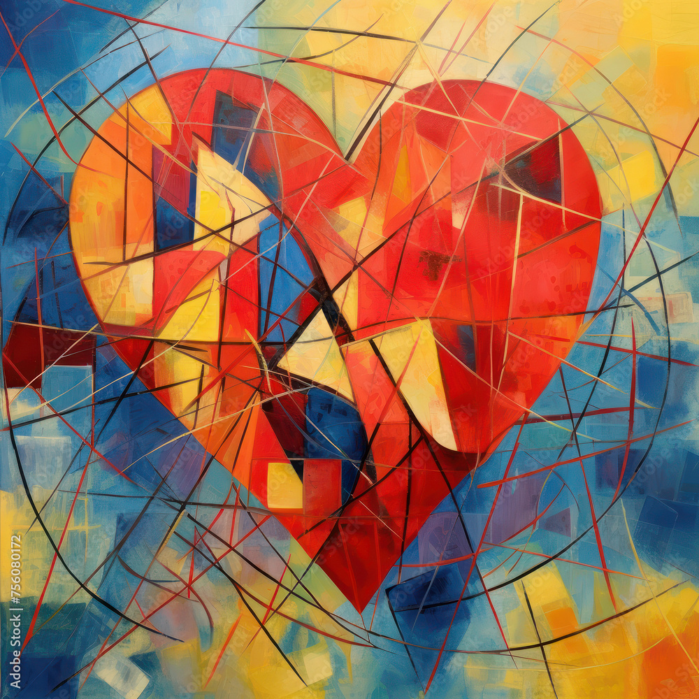 Fototapeta premium Contemporary abstract painting with a heart spiraling in blue and red