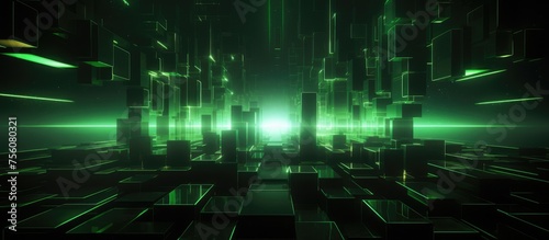 Abstract futuristic dark metallic design with illuminated green light, Science fiction concept.
