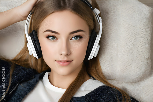 Girl with headphones listening to music ... photo