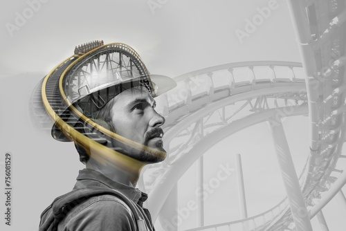 Experienced male engineer in a safety hard hat overseeing the rollercoaster track layout at a theme park construction site, ensuring precision and safety measures are met. Double exposure photography 