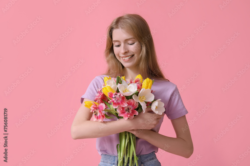 Happy young woman with bouquet of beautiful tulips on pink background Happy young woman with bouquet of beautiful tulips on pink background