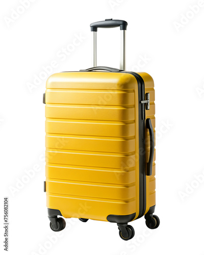 Big yellow travel suitcase, isolated on white background