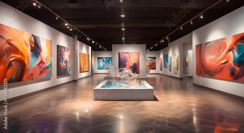 Contemporary art gallery with abstract paintings photo