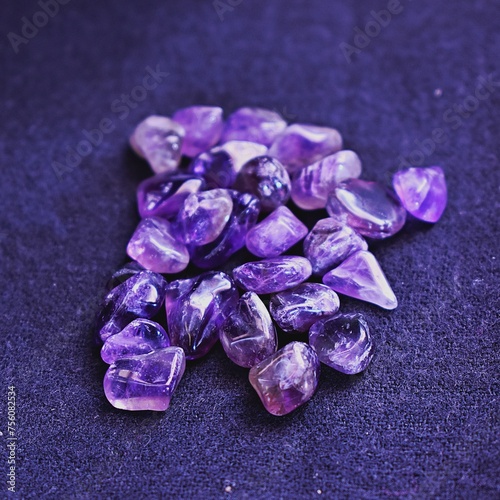 Several amethyst gem stones or healing crystals laying on cotton fabric.  (ID: 756082534)