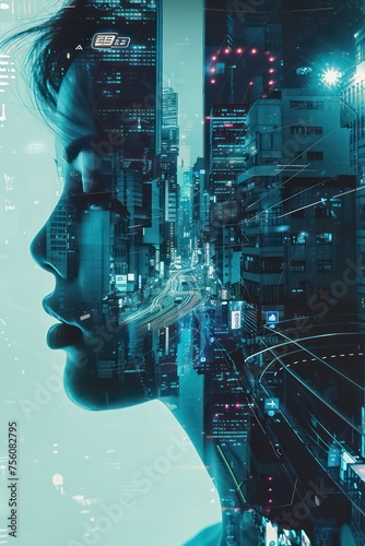 woman head in futuristic cityscape buildings and skyscrapers, with roads weaving