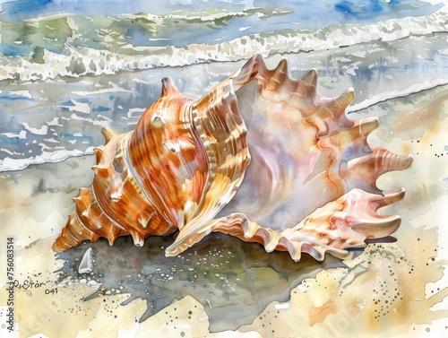 watercolor conch shell at the seashore