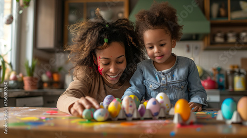 Easter Family traditions. young mother teaching happy little kids decorate eggs with paints for the Easter holidays, Afro American mam with kid