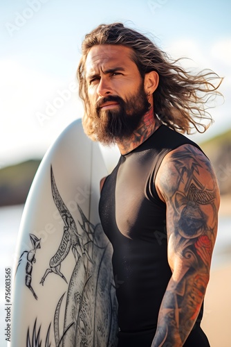 handsome young surfer with a muscular body, on the seashore of the ocean