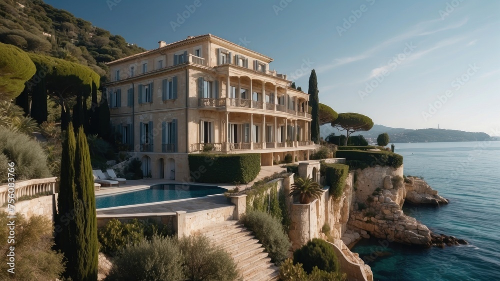 Obraz premium Exquisite mansion perched on the serene shores of the French Riviera, offering sweeping views of the azure Mediterranean and private terraces overlooking the coastal beauty