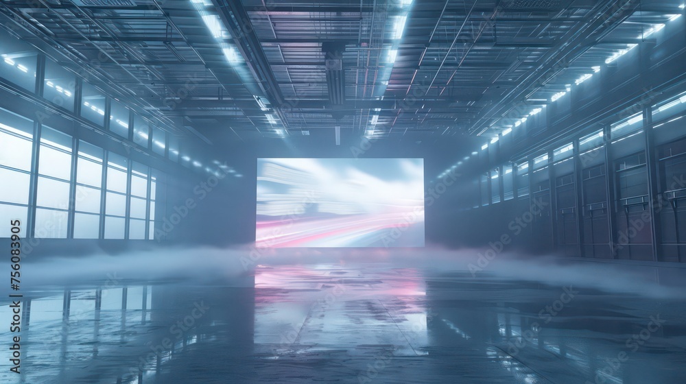futuristic warehouse with giant led screen showing an advertisement futuristic warehouse with giant led screen showing an advertisement