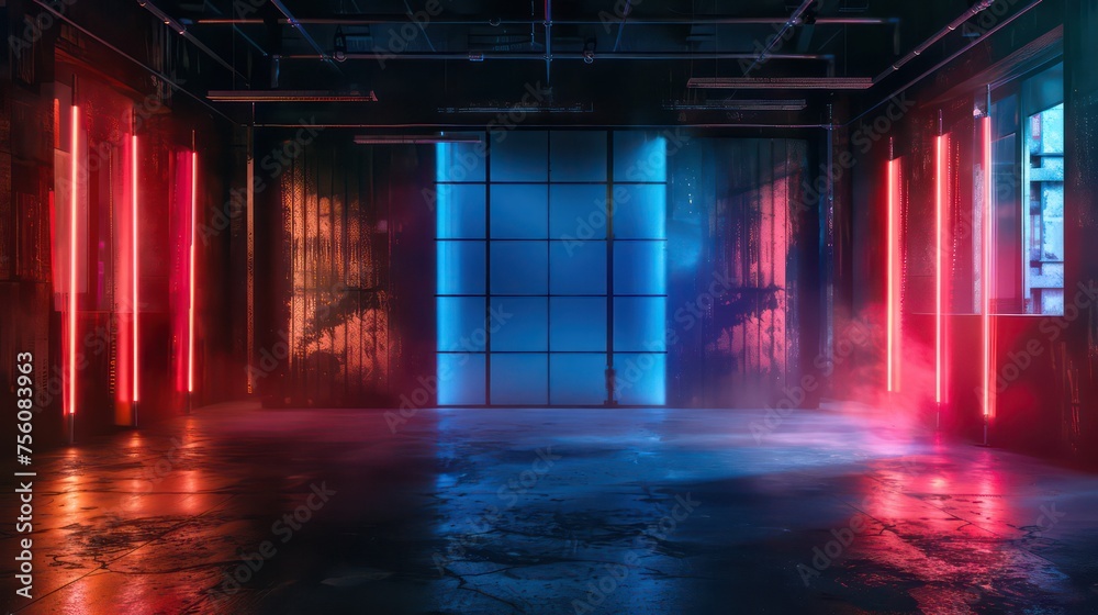 industrial background wall, colored neon lights, blurred reflections on the floor - obrazy, fototapety, plakaty 