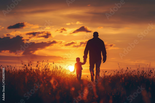 Silhouette of dad and child walking together in sunset. Father's Day. Happy family, love and care concept. Background for greeting card, banner, poster © ratatosk