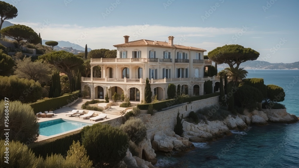 Exquisite mansion perched on the serene shores of the French Riviera, offering sweeping views of the azure Mediterranean and private terraces overlooking the coastal beauty