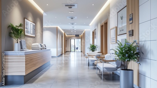 healthcare architecture interior with modern wooden furnitures, grey floor tiles © STOCKYE STUDIO