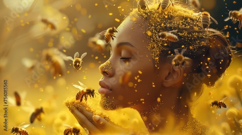 woman cover with pollen with bees all over