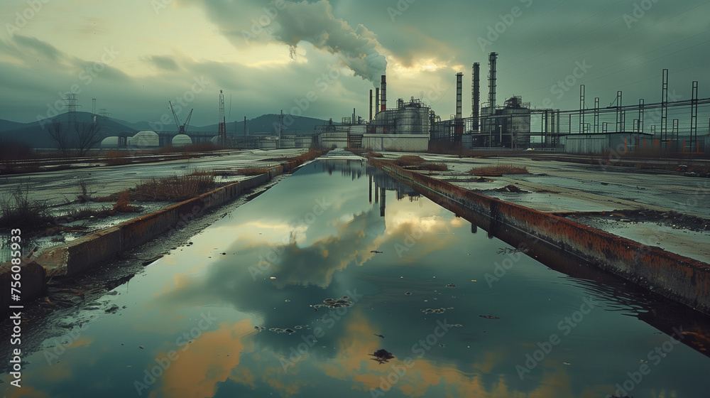 Gloomy skies reflect in the stagnant water of an industrial complex showing signs of pollution..