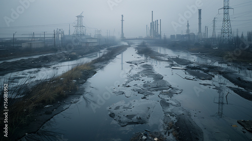 Fog envelopes an industrial landscape with a polluted water channel and scattered debris.. photo