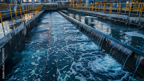 Aeration tanks in a wastewater treatment plant with clean water flowing through purification stages..