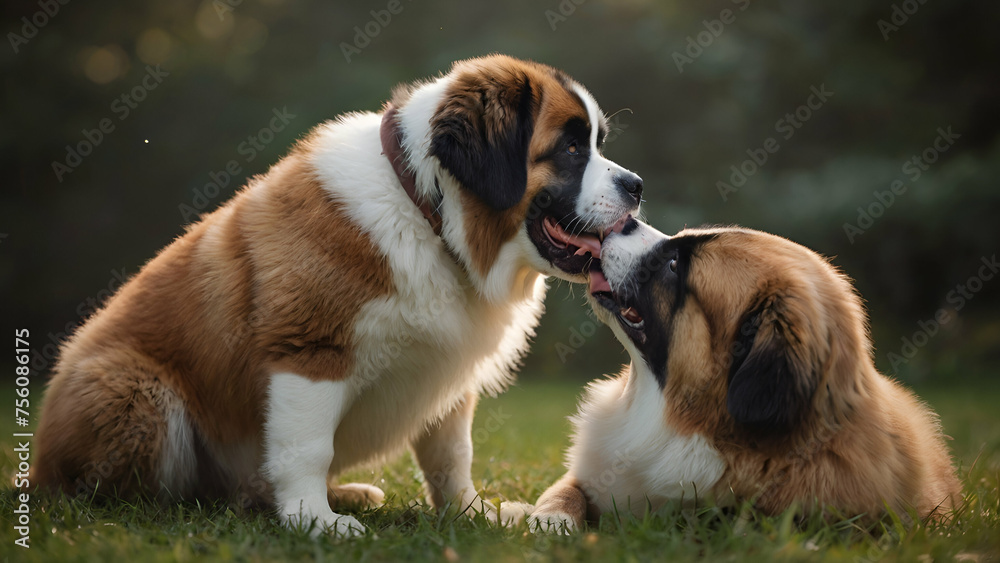 Male and female fight Young Saint Bernard dogs.Generative ai