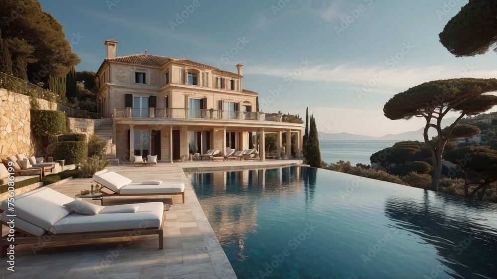 Obraz premium Exquisite mansion perched on the serene shores of the French Riviera, offering sweeping views of the azure Mediterranean and private terraces overlooking the coastal beauty
