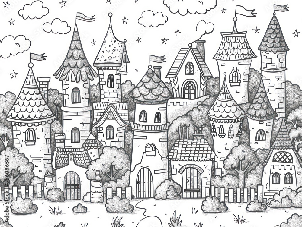 fantasy village, cartoon, thick lines, black and white, white background