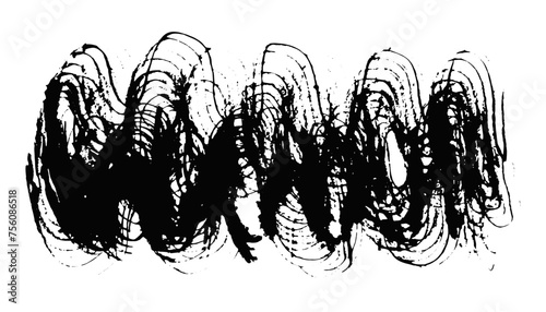 Artistic wavy textured vector black ink brush stroke border. Mysterious curve dynamic isolated grunge paintbrush for texture design, abstract sound wave background, mascara banner decor