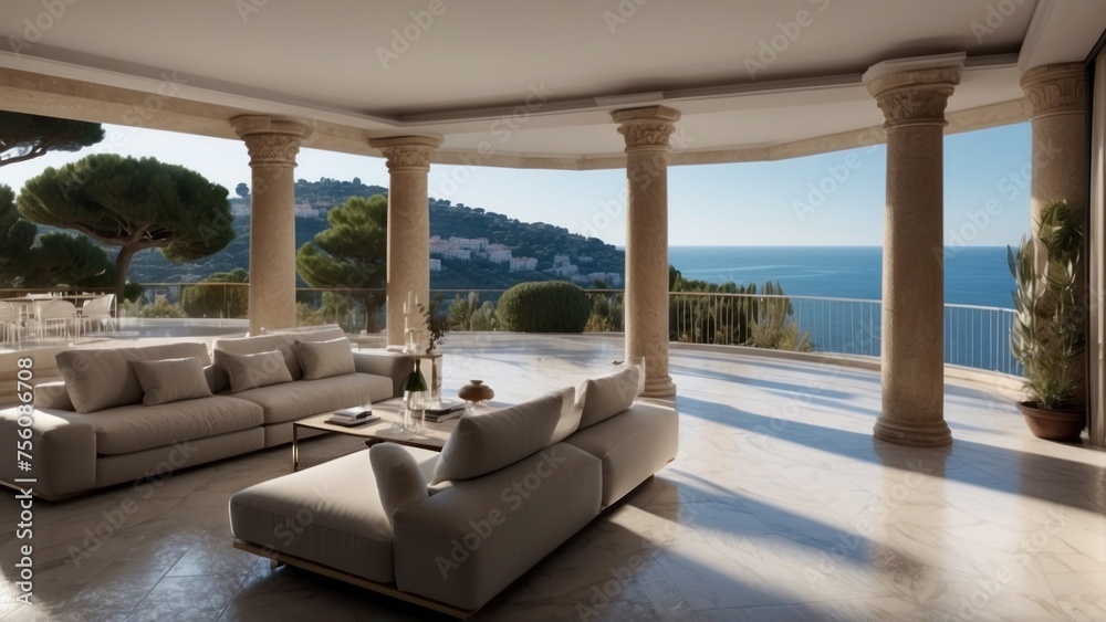 Fototapeta premium Exquisite mansion perched on the serene shores of the French Riviera, offering sweeping views of the azure Mediterranean and private terraces overlooking the coastal beauty