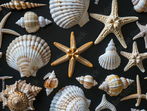 sea shells, including star fish and other types, black background