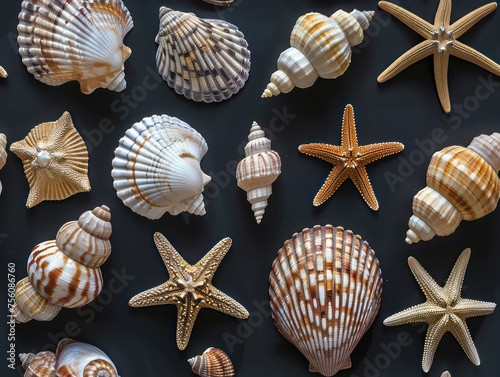 sea shells, including star fish and other types, black background