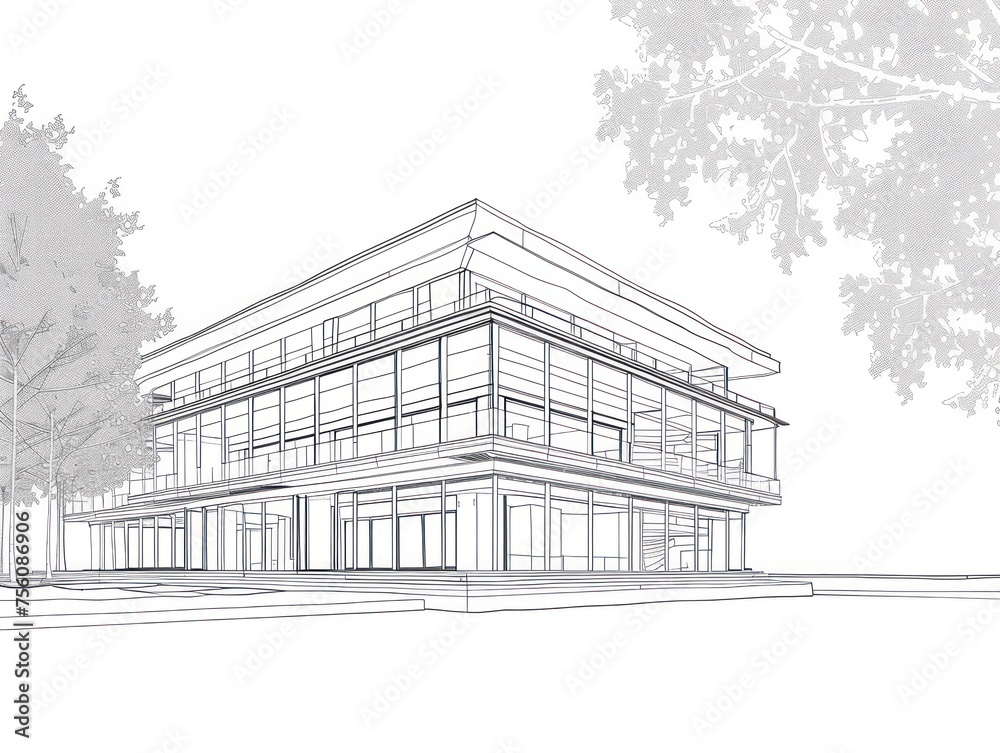 line drawing of a building, clean, neat, contemporary 