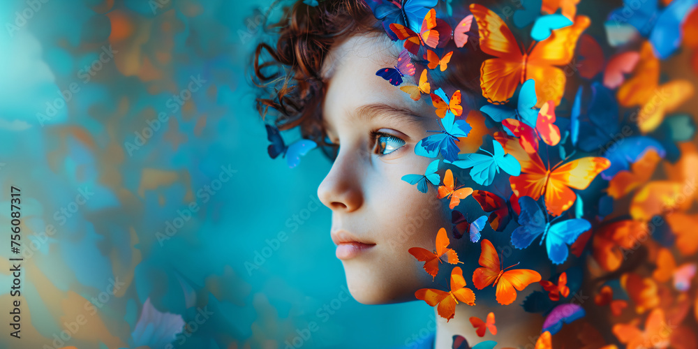 Little boy with autism with colorful butterflies on blue background with copy space. Child mental health. Autism spectrum disorder concept, ASD. World autism awareness day