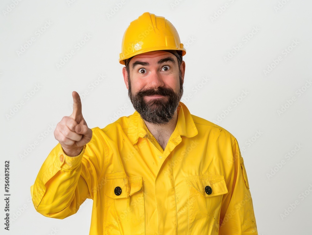 man plumber in yellow suit on white background