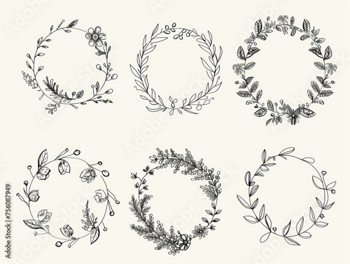 floral doodle wreath collection, hand drawn, isolated on a white background