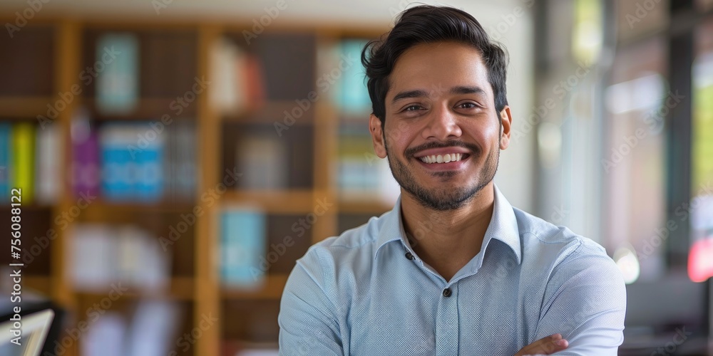 Happy smiling Indian businessman leader, looking confident standing in office