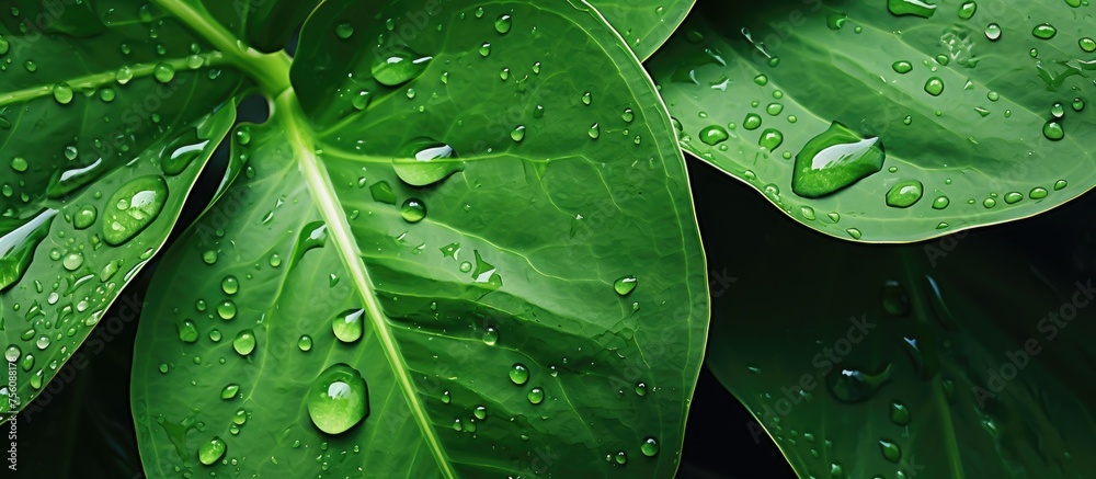 A closeup shot capturing the beauty of a green leaf covered in crystalclear water drops, showcasing the natural environment and moisture of the terrestrial plant A closeup shot capturing the beauty of a green leaf covered in crystalclear water drops, showcasing the natural environment and moisture of the terrestrial plant