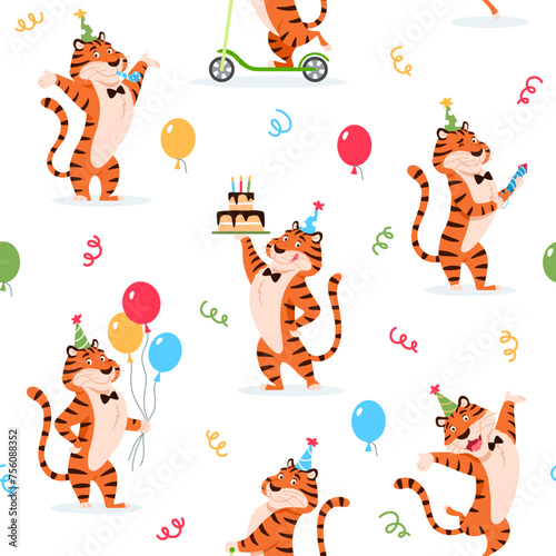 Cartoon Birthday tigers seamless pattern. Cute wild cat with balloons, cake, confetti print for kids decoration design. Colorful beautiful wrapping paper repeat tile. Creative vector illustration.