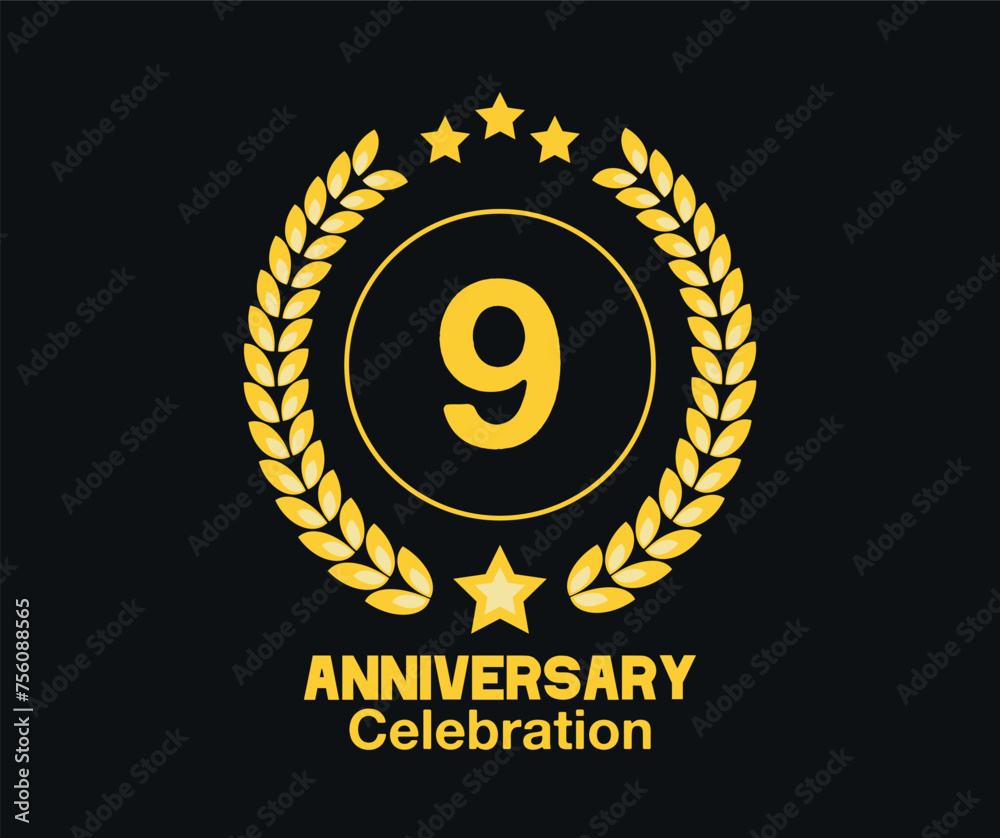 Naklejka premium 9 Years anniversary celebration. Vector luxury celebration with hoop, laurel and golden stars