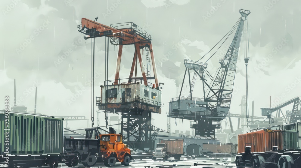 vintage industrial dock, cranes and shipping containers in the background