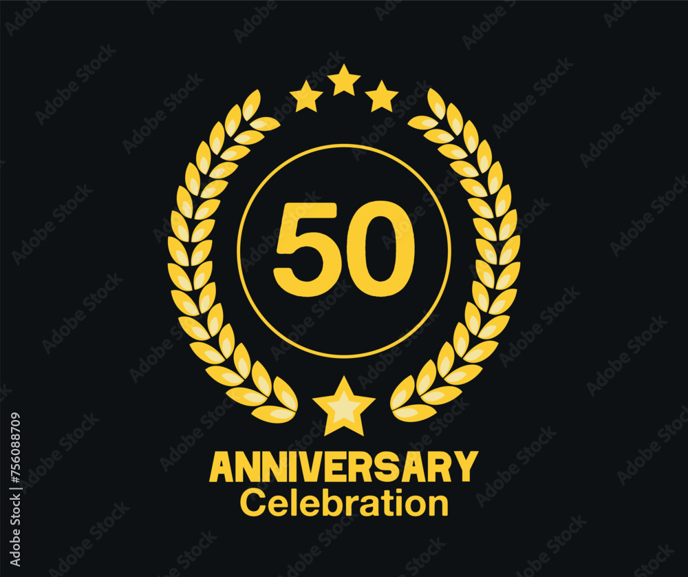 Fototapeta premium 50 Years anniversary celebration. Vector luxury celebration with hoop, laurel and golden stars