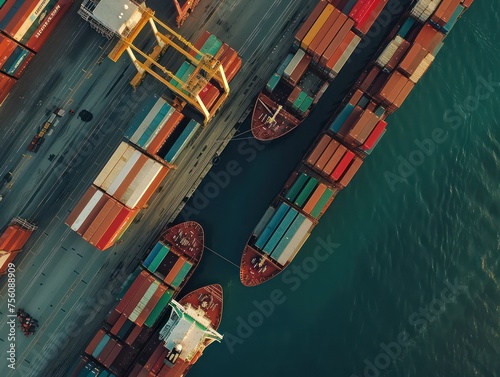 cargo ships loading and unloading at a dock, top view © STOCKYE STUDIO