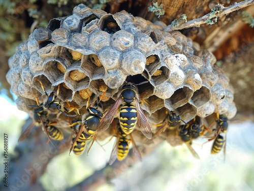 paper wasp is making a nest