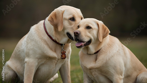 Two cute Labrador retriever dog couple in love on pink background | Puppys celebrating Valentine’s Day | Pets celebrating birthday .Generative ai