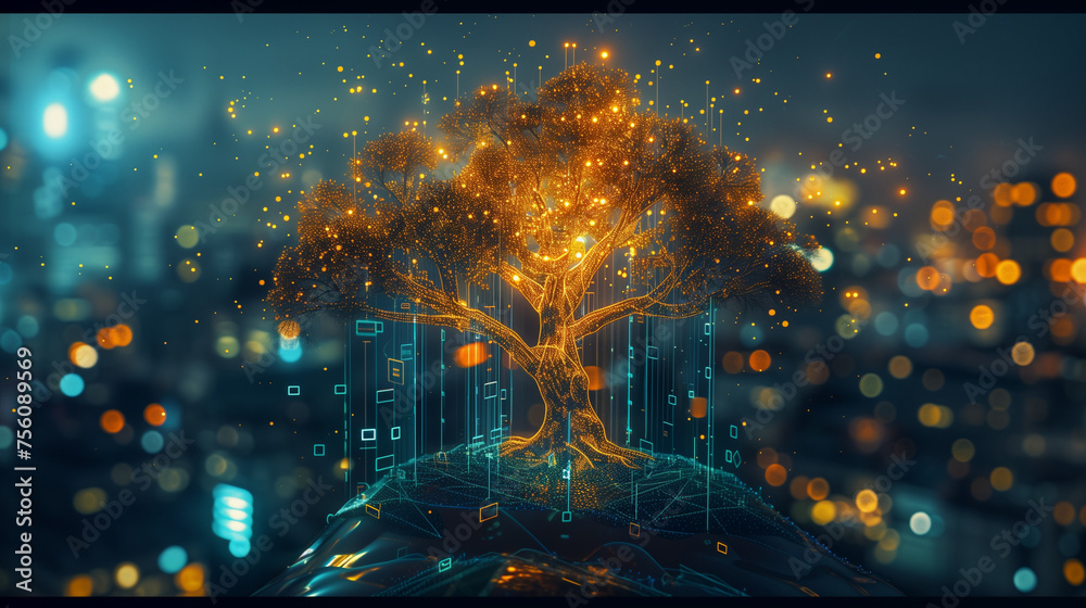 Generative AI illustration of beautiful glowing tree growing on cities representing digital technology in studio. 