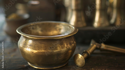 A closeup of a brass mortar and pestle used for grinding and blending various herbs and substances as described in Ayurvedic texts. © Justlight